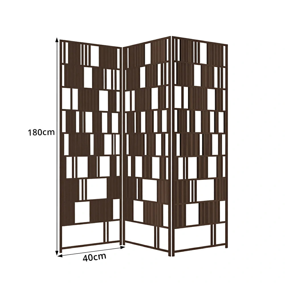 LIVARA 3 Panel Solid Wood Folding Room Divider - Geometric Openwork Privacy Screen for Living Room Bedroom Entryway - Dark Walnut