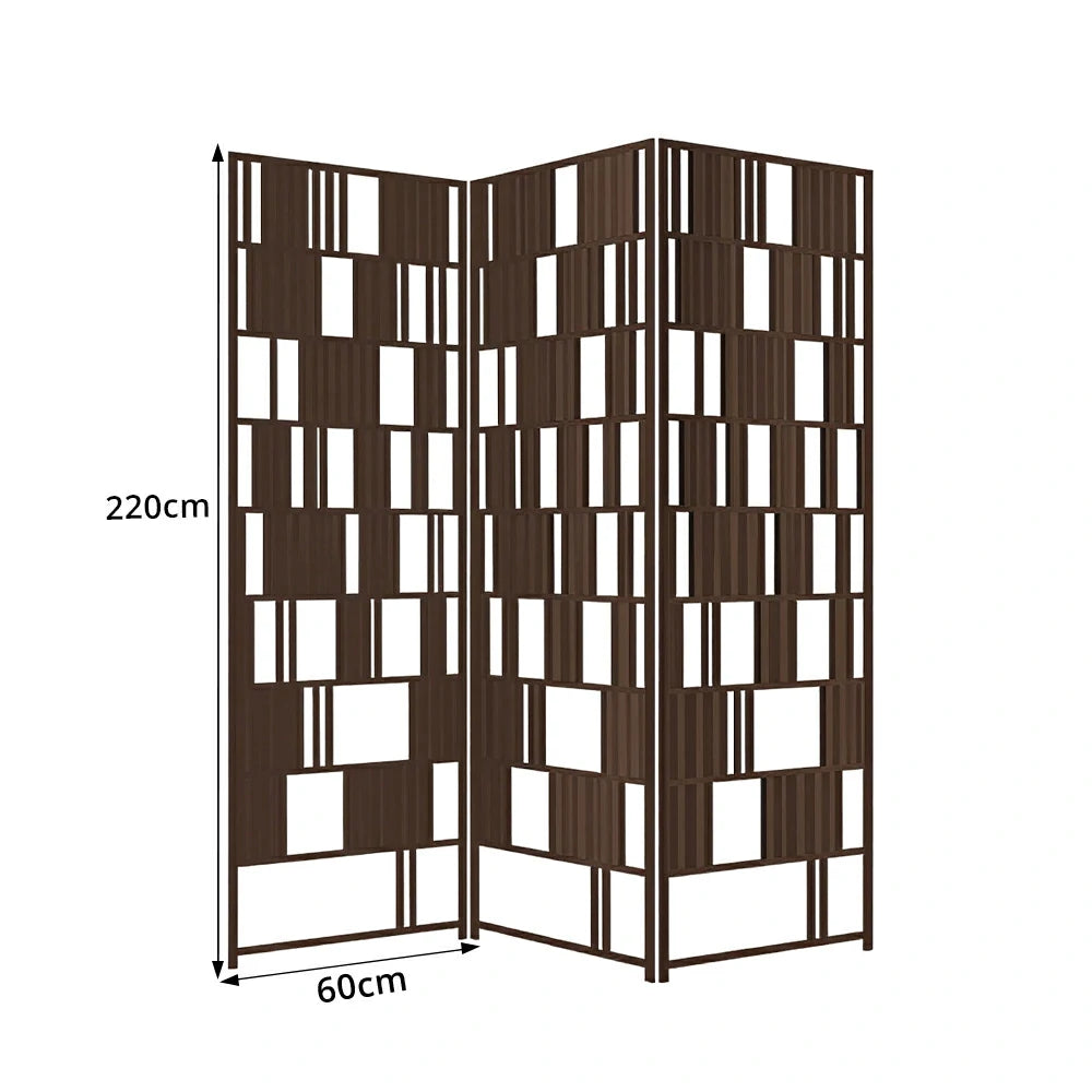 LIVARA 3 Panel Solid Wood Folding Room Divider - Geometric Openwork Privacy Screen for Living Room Bedroom Entryway - Dark Walnut