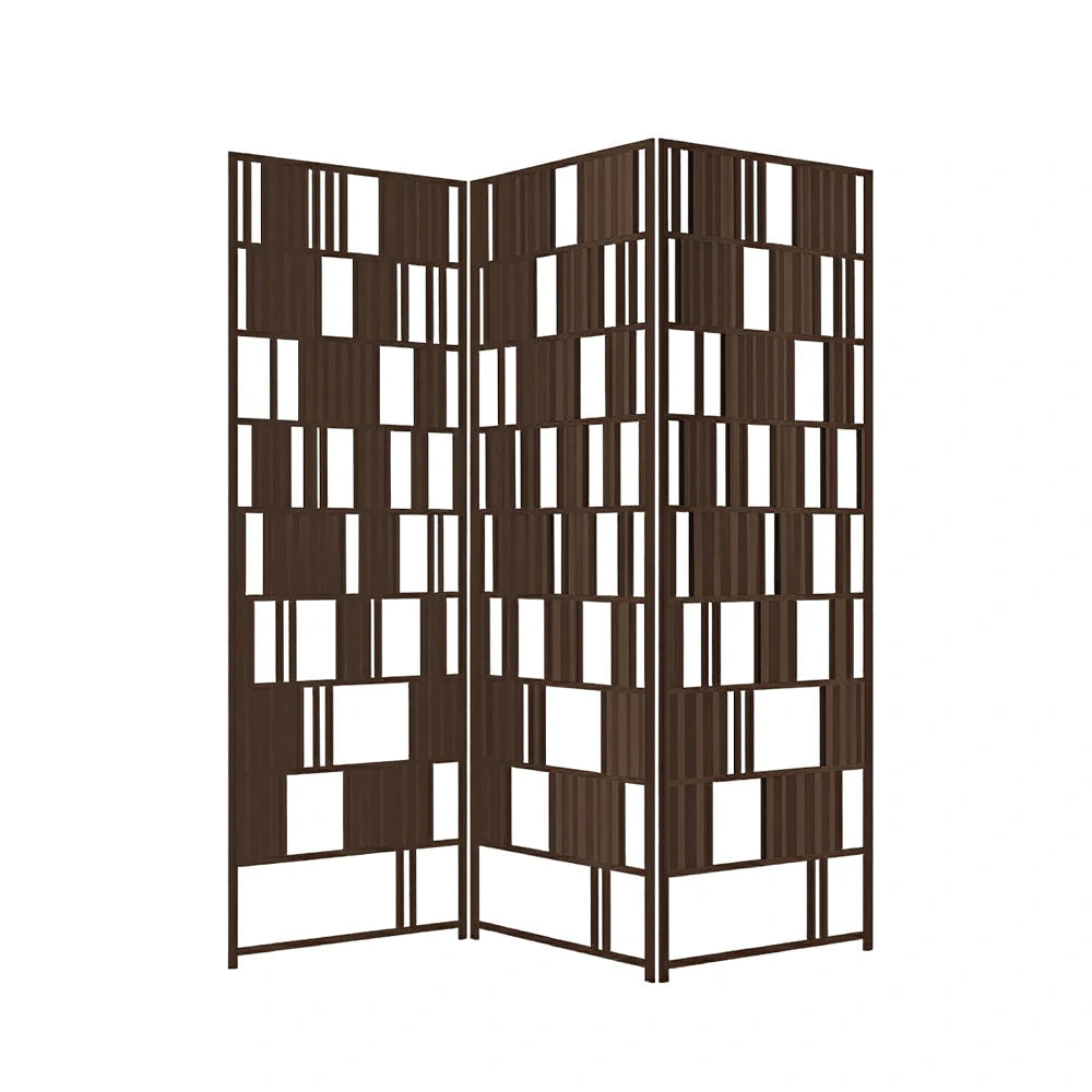 LIVARA 3 Panel Solid Wood Folding Room Divider - Geometric Openwork Privacy Screen for Living Room Bedroom Entryway - Dark Walnut