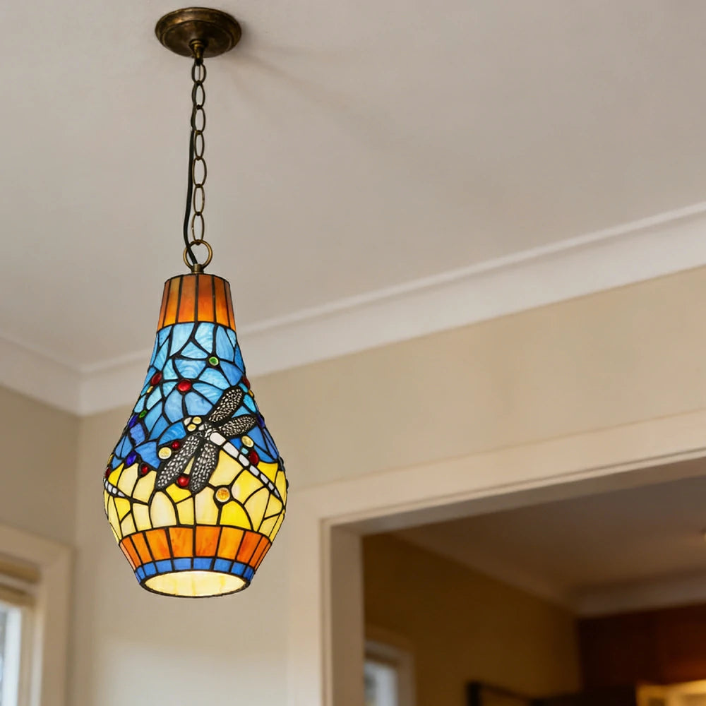LIVARA Yellow Dragonfly Stained Glass Pendant Light Soft Ambient Lighting Adjustable Chain Design Dining Living Room Bedroom Hallway