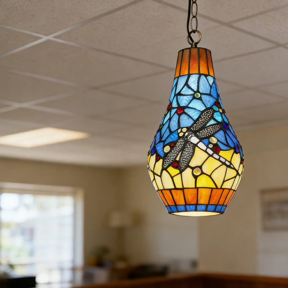 LIVARA Yellow Dragonfly Stained Glass Pendant Light Soft Ambient Lighting Adjustable Chain Design Dining Living Room Bedroom Hallway