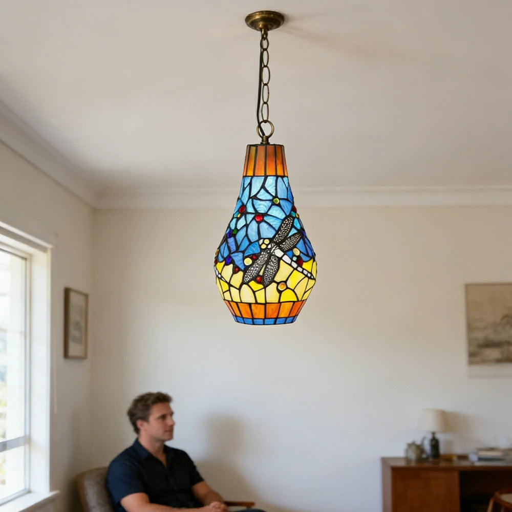 LIVARA Yellow Dragonfly Stained Glass Pendant Light Soft Ambient Lighting Adjustable Chain Design Dining Living Room Bedroom Hallway