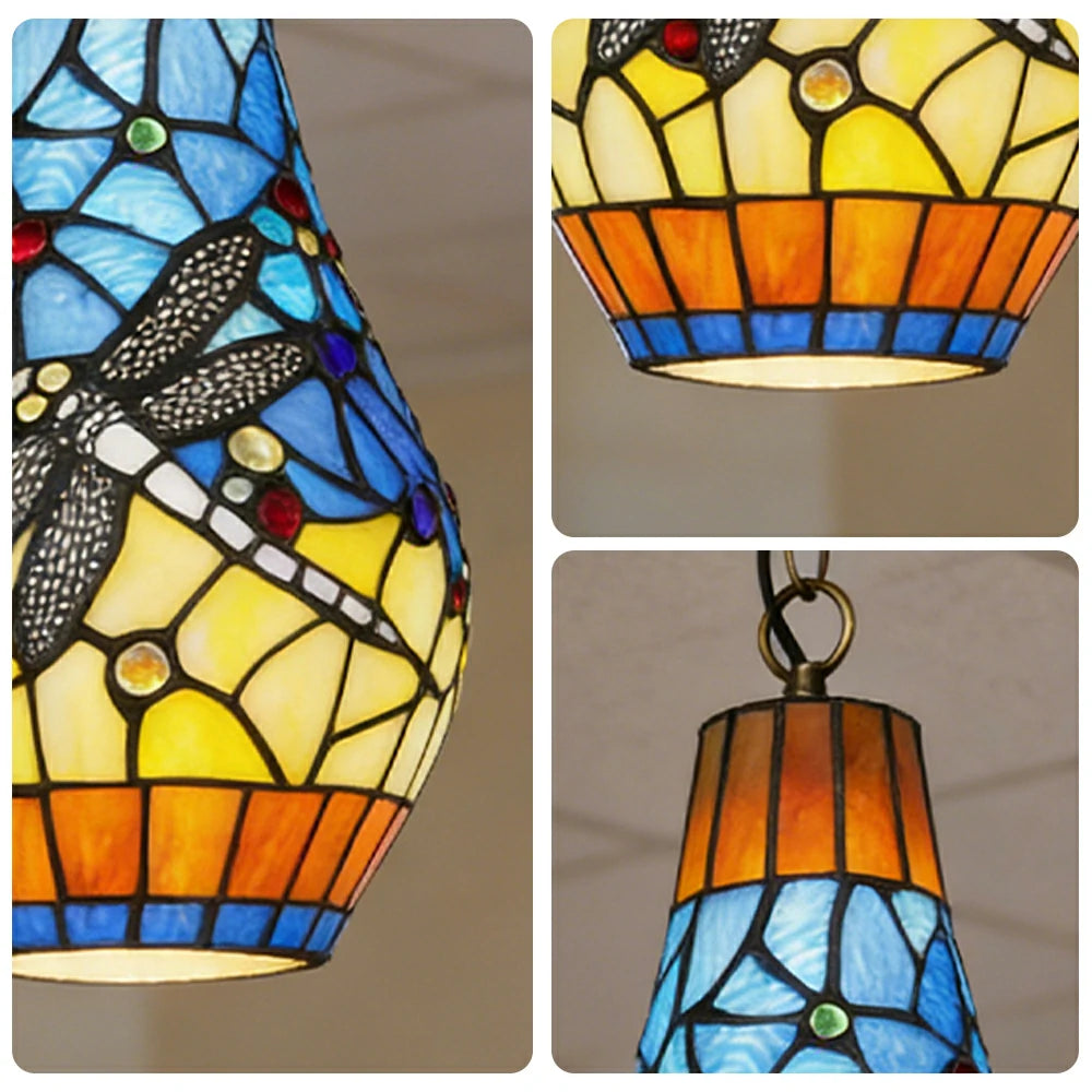 LIVARA Yellow Dragonfly Stained Glass Pendant Light Soft Ambient Lighting Adjustable Chain Design Dining Living Room Bedroom Hallway
