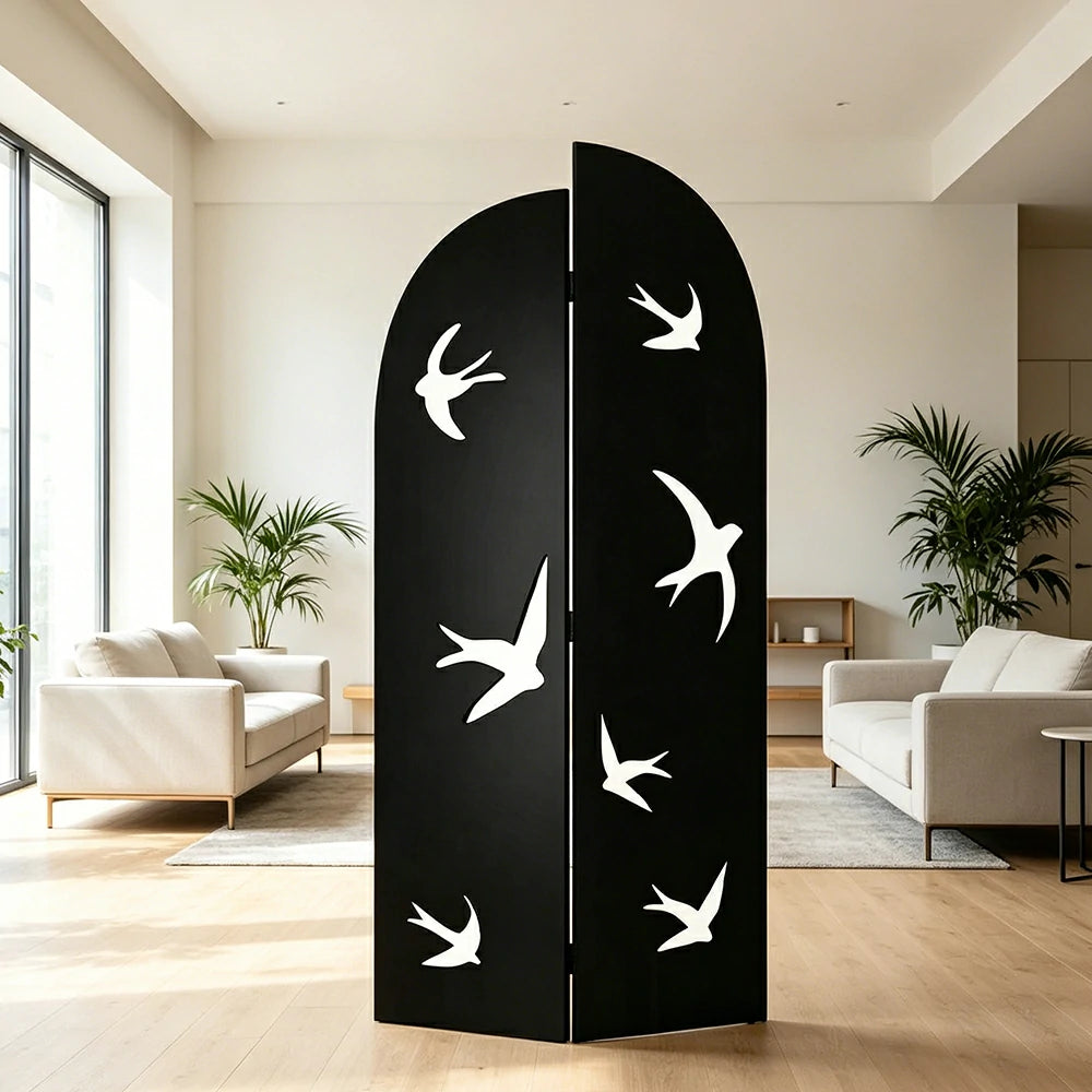 LIVARA Swallow Design Folding Room Divider - Decorative Openwork Privacy Screen for Living Room Bedroom Entryway - Black