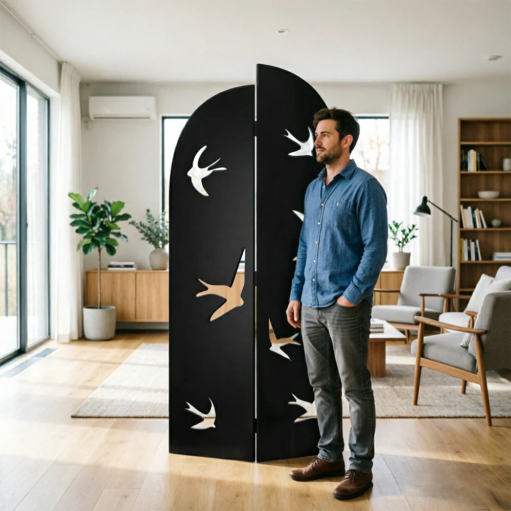 LIVARA Swallow Design Folding Room Divider - Decorative Openwork Privacy Screen for Living Room Bedroom Entryway - Black