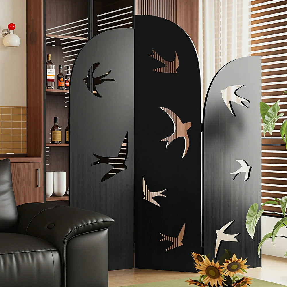 LIVARA 3 Panel Swallow Design Folding Room Divider - Decorative Openwork Privacy Screen for Living Room Bedroom Entryway - Black