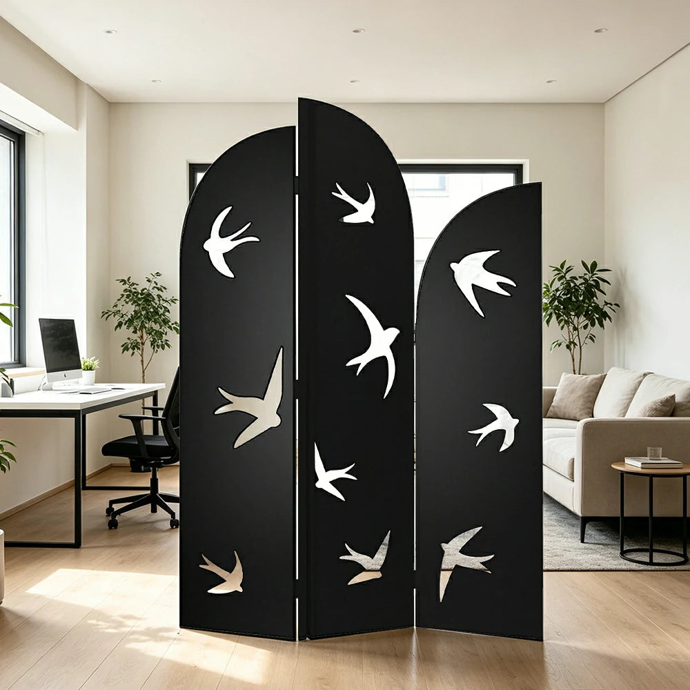 LIVARA 3 Panel Swallow Design Folding Room Divider - Decorative Openwork Privacy Screen for Living Room Bedroom Entryway - Black