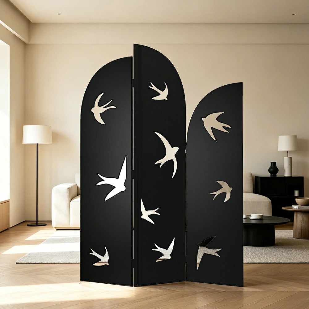 LIVARA 3 Panel Swallow Design Folding Room Divider - Decorative Openwork Privacy Screen for Living Room Bedroom Entryway - Black