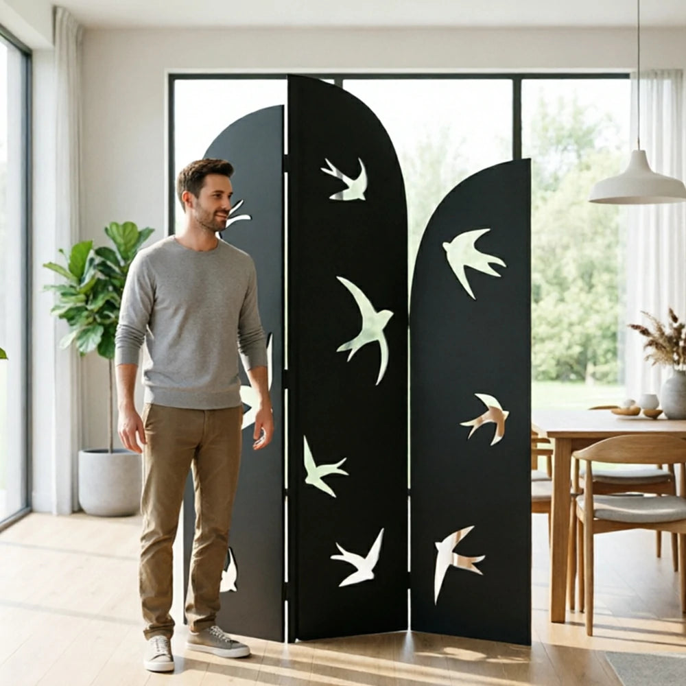 LIVARA 3 Panel Swallow Design Folding Room Divider - Decorative Openwork Privacy Screen for Living Room Bedroom Entryway - Black