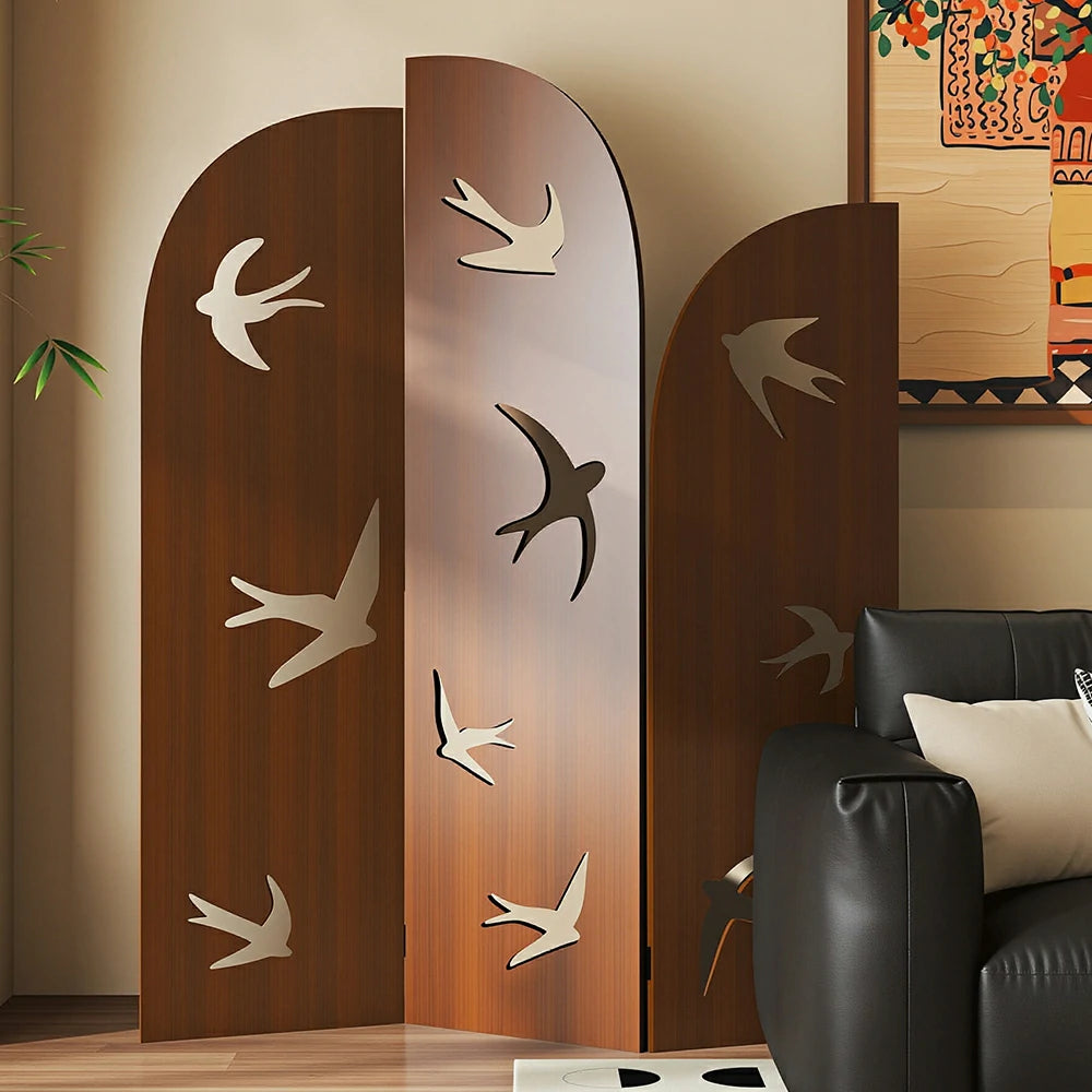LIVARA 3 Panel Swallow Design Folding Room Divider - Decorative Openwork Privacy Screen for Living Room Bedroom Entryway - Brown