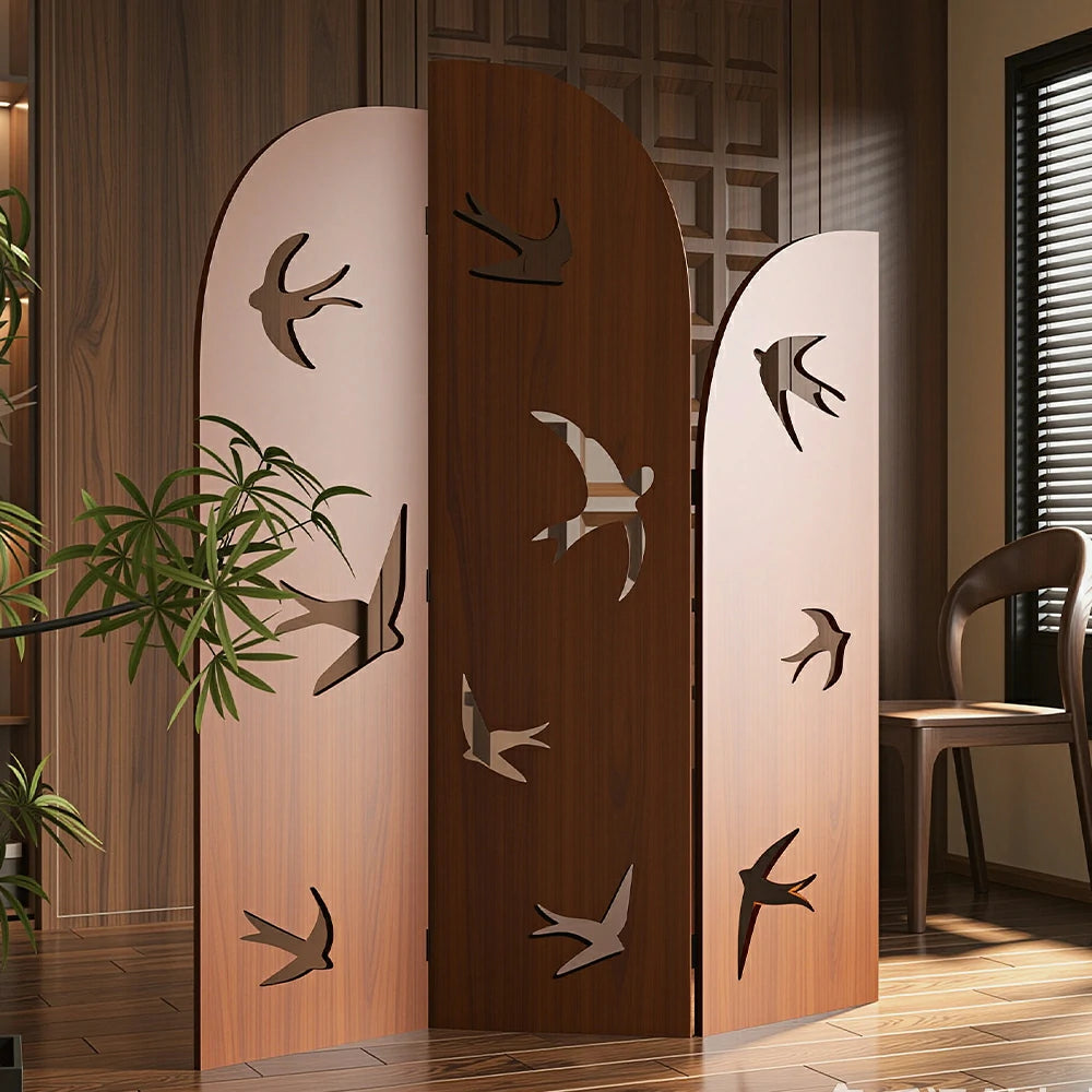 LIVARA 3 Panel Swallow Design Folding Room Divider - Decorative Openwork Privacy Screen for Living Room Bedroom Entryway - Brown