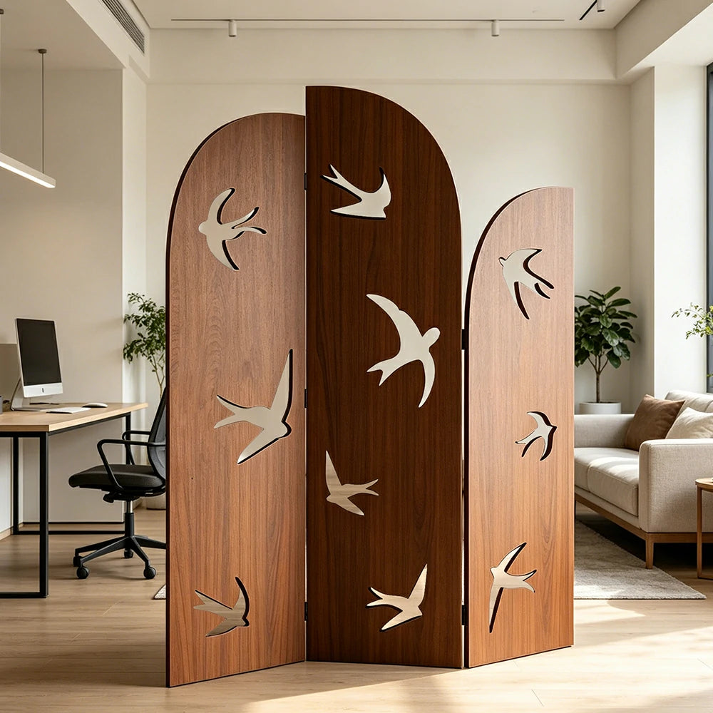LIVARA 3 Panel Swallow Design Folding Room Divider - Decorative Openwork Privacy Screen for Living Room Bedroom Entryway - Brown