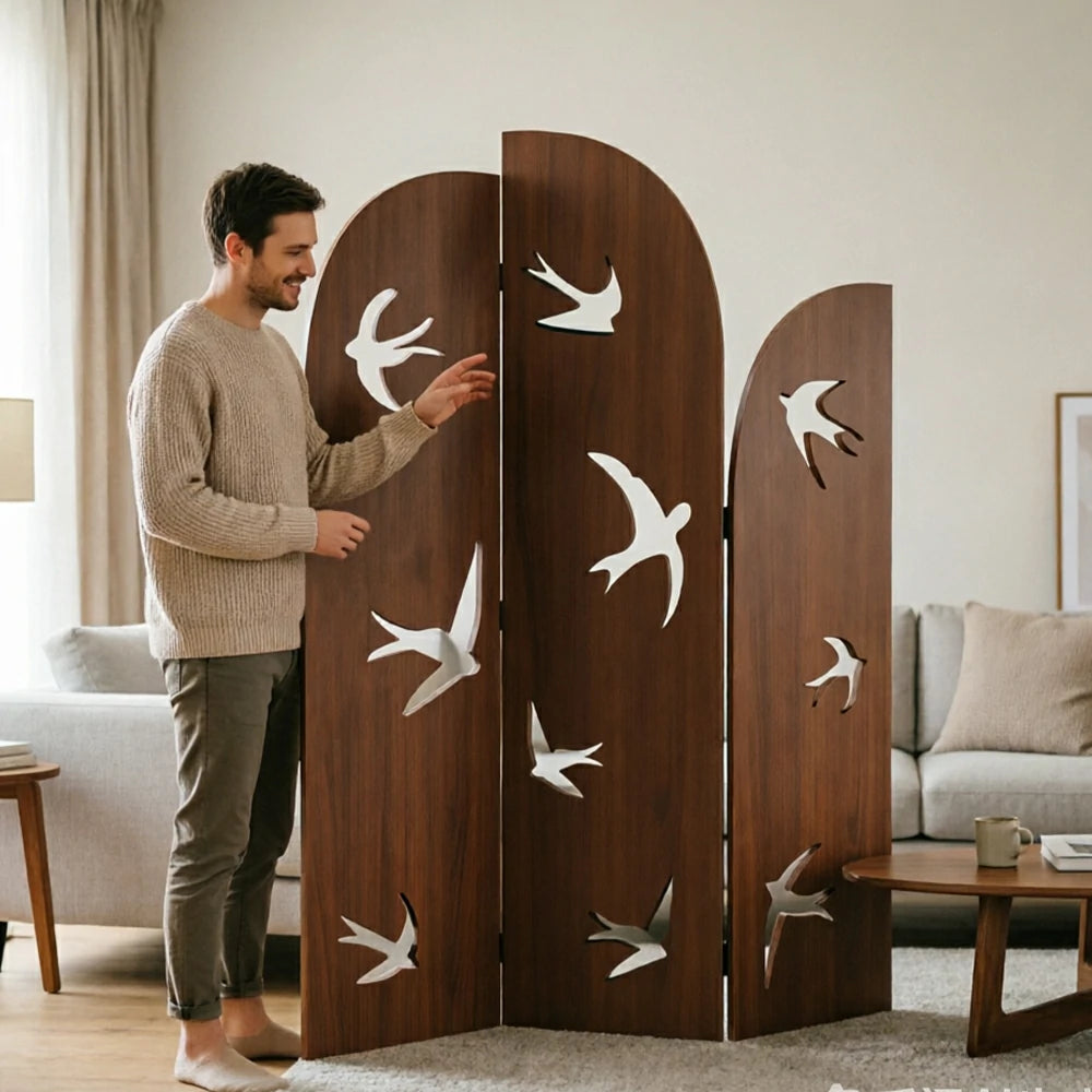 LIVARA 3 Panel Swallow Design Folding Room Divider - Decorative Openwork Privacy Screen for Living Room Bedroom Entryway - Brown