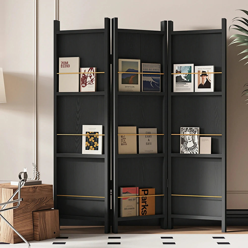 LIVARA 3 Panel Solid Wood Folding Room Divider - Magazine Display Shelf Privacy Screen for Living Room Bedroom Office - Black
