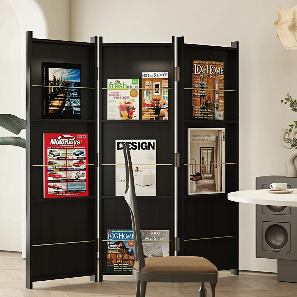 LIVARA 3 Panel Solid Wood Folding Room Divider - Magazine Display Shelf Privacy Screen for Living Room Bedroom Office - Black