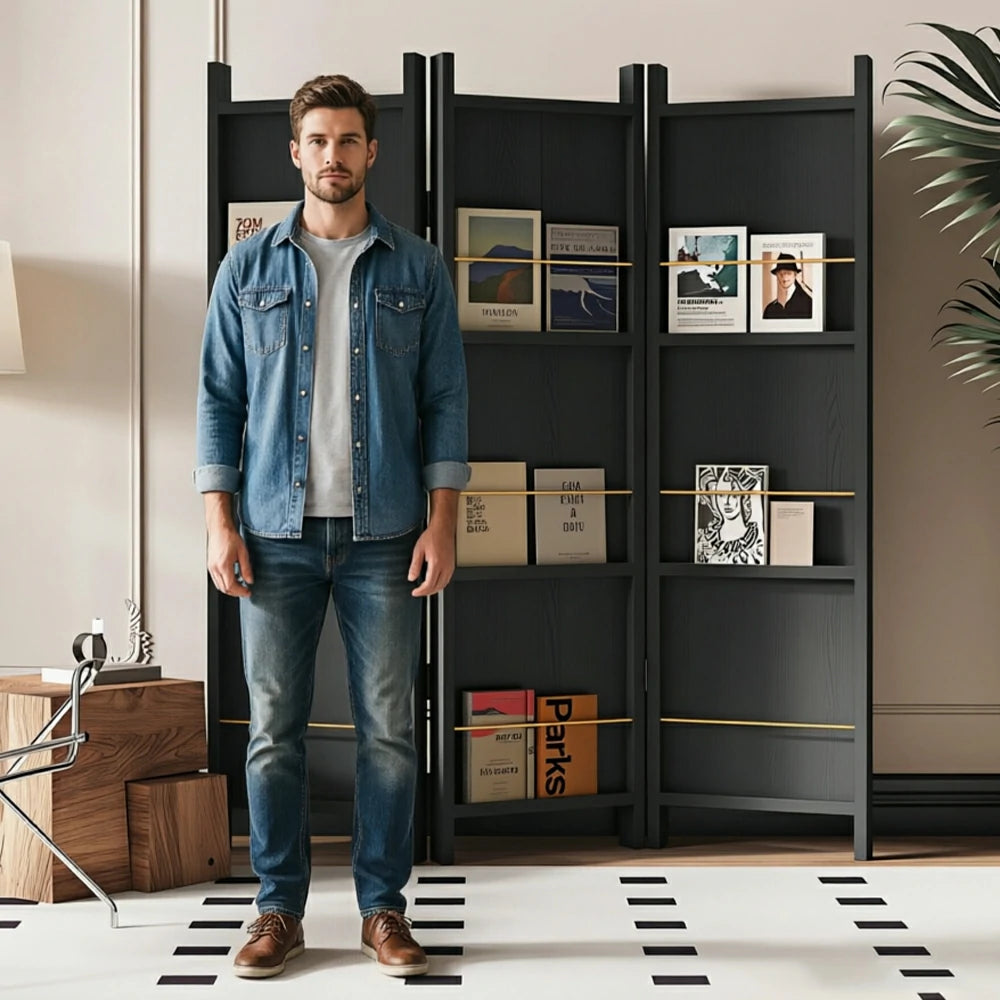 LIVARA 3 Panel Solid Wood Folding Room Divider - Magazine Display Shelf Privacy Screen for Living Room Bedroom Office - Black