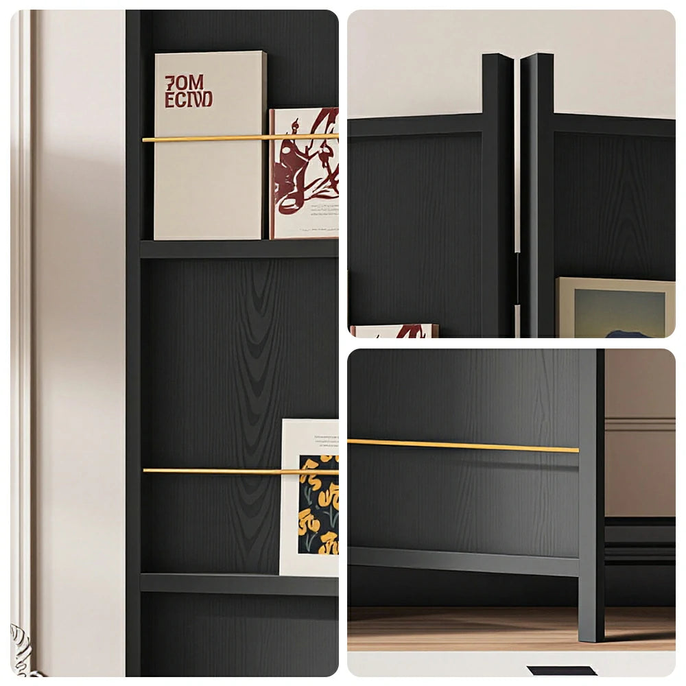 LIVARA 3 Panel Solid Wood Folding Room Divider - Magazine Display Shelf Privacy Screen for Living Room Bedroom Office - Black