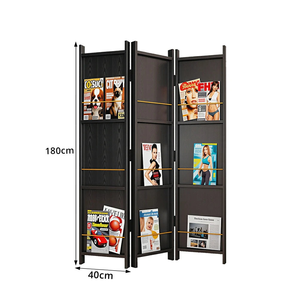LIVARA 3 Panel Solid Wood Folding Room Divider - Magazine Display Shelf Privacy Screen for Living Room Bedroom Office - Black