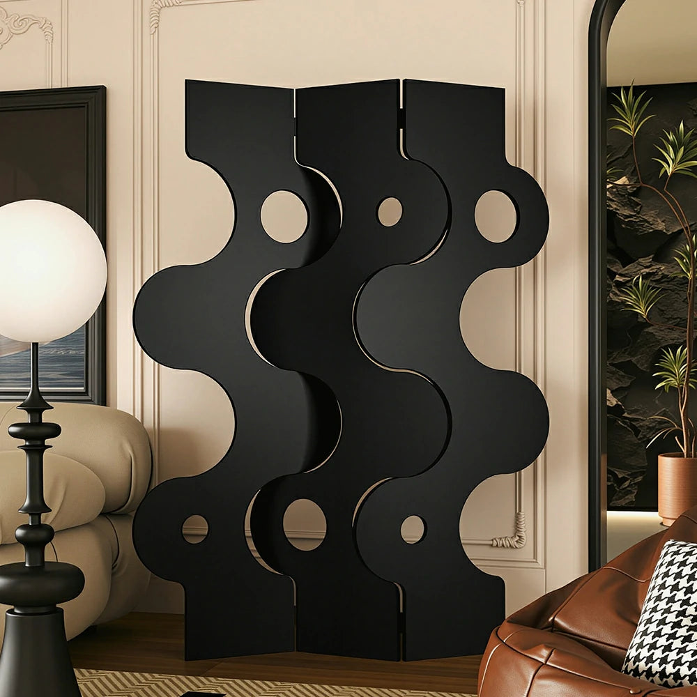 LIVARA 3 Panel Decorative Folding Screen Modern Wave Design Room Divider Privacy Partition for Living Room Bedroom Entryway - Black
