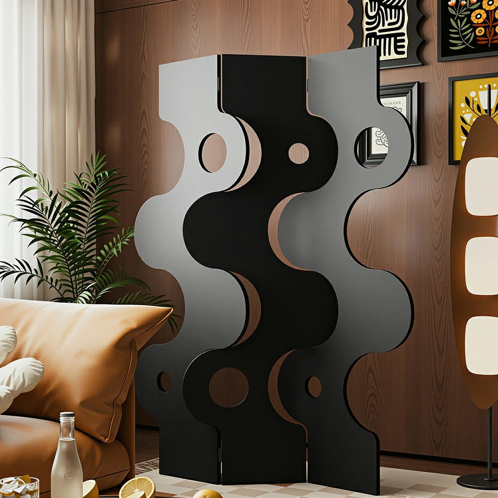 LIVARA 3 Panel Decorative Folding Screen Modern Wave Design Room Divider Privacy Partition for Living Room Bedroom Entryway - Black