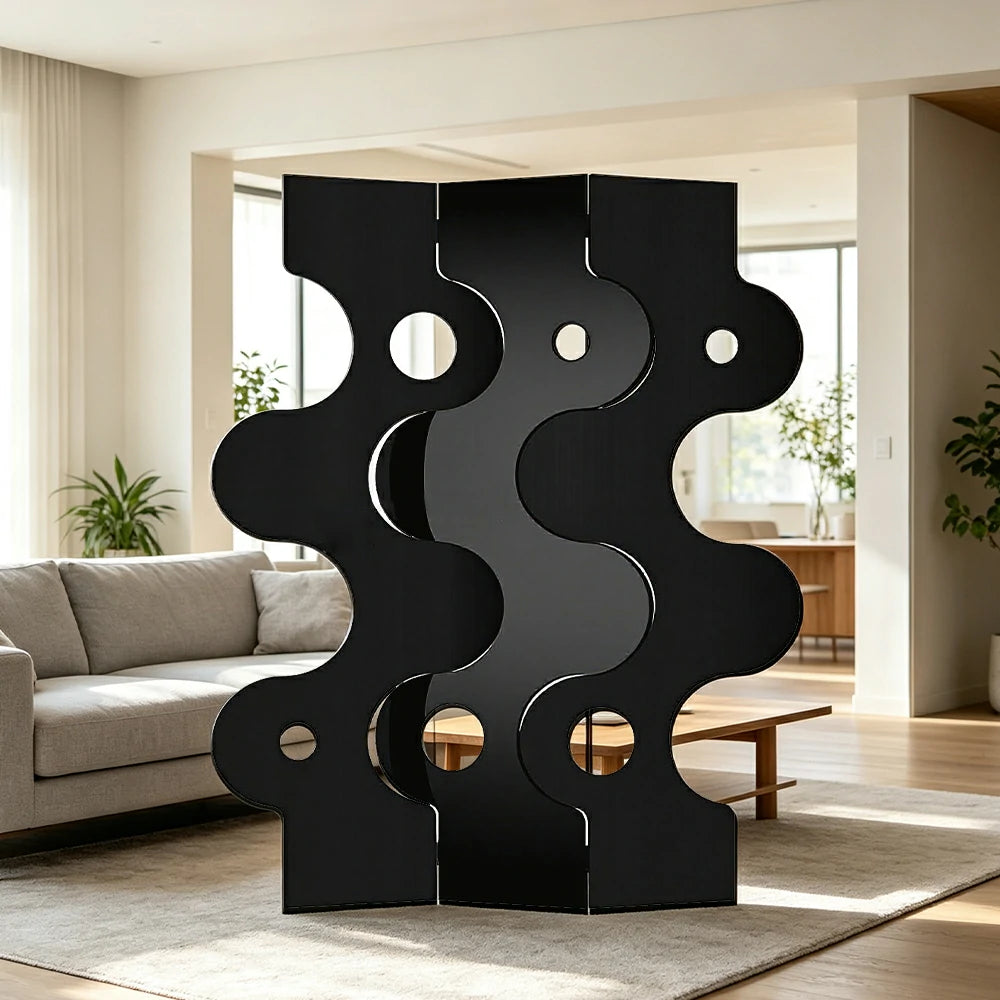 LIVARA 3 Panel Decorative Folding Screen Modern Wave Design Room Divider Privacy Partition for Living Room Bedroom Entryway - Black