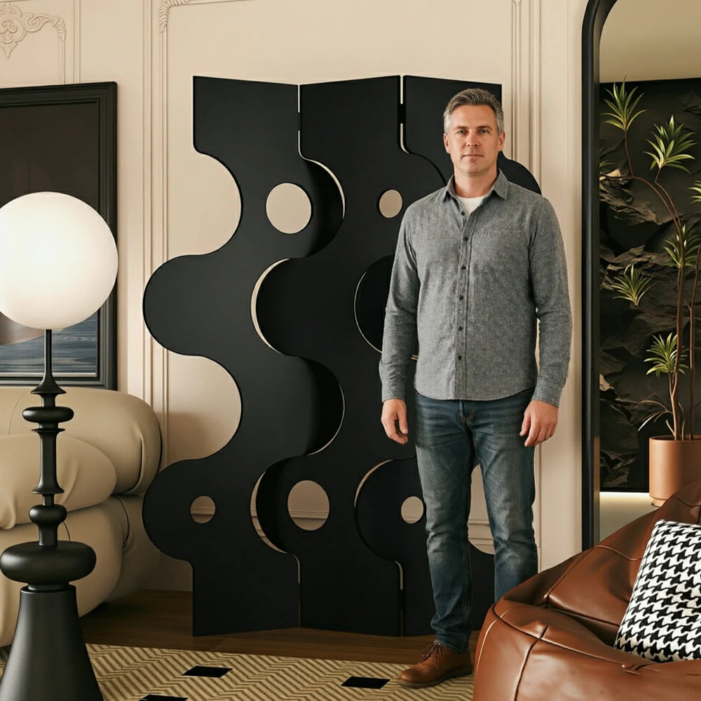 LIVARA 3 Panel Decorative Folding Screen Modern Wave Design Room Divider Privacy Partition for Living Room Bedroom Entryway - Black