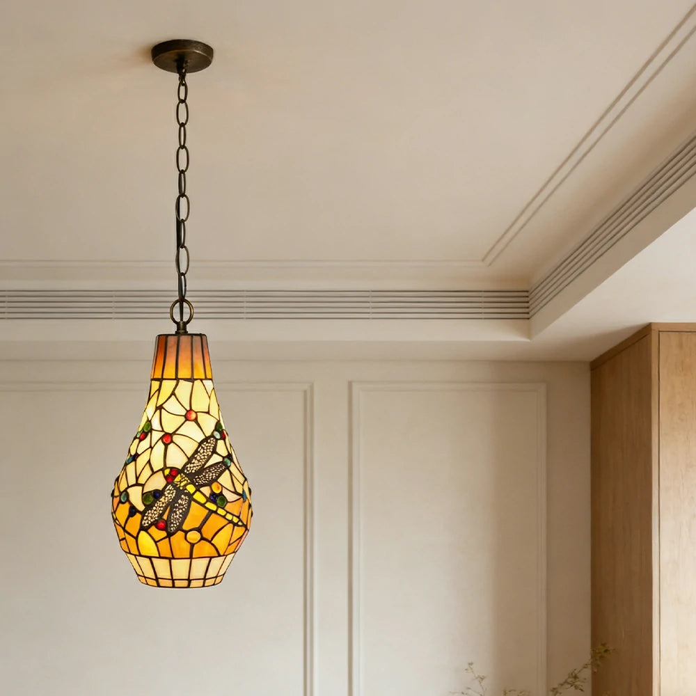 LIVARA Orange Dragonfly Stained Glass Pendant Light Soft Ambient Lighting Adjustable Chain Design Dining Living Room Bedroom Hallway