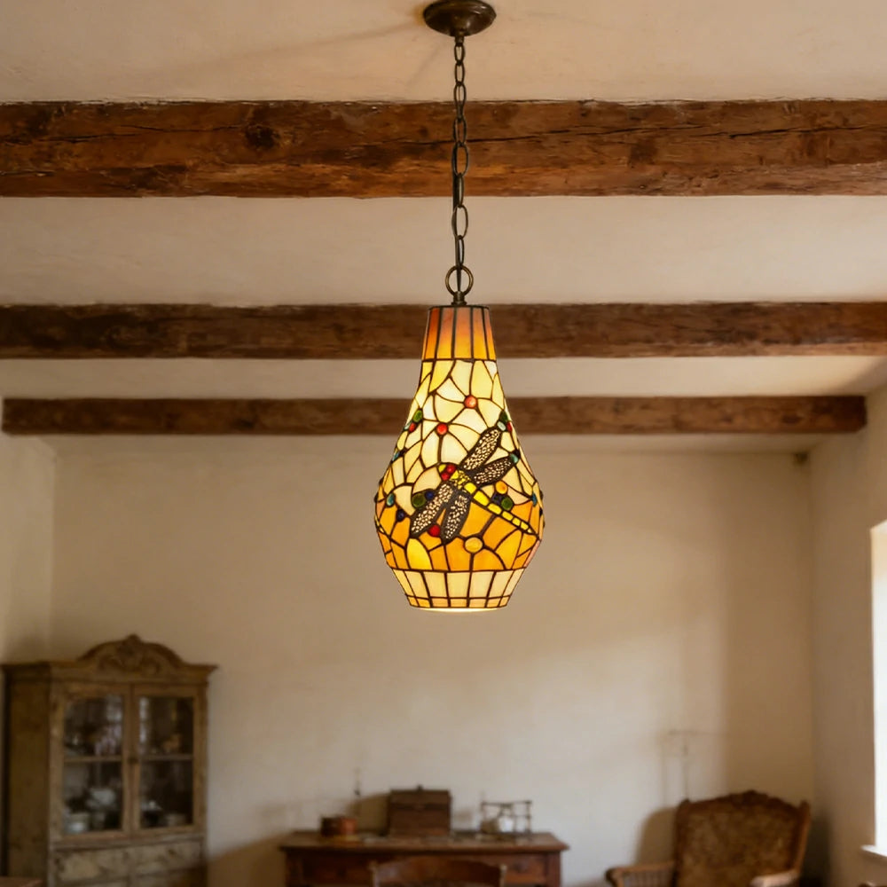 LIVARA Orange Dragonfly Stained Glass Pendant Light Soft Ambient Lighting Adjustable Chain Design Dining Living Room Bedroom Hallway