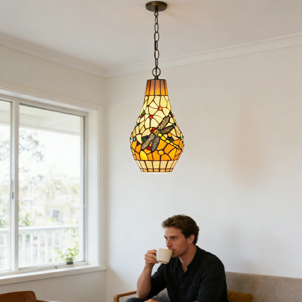 LIVARA Orange Dragonfly Stained Glass Pendant Light Soft Ambient Lighting Adjustable Chain Design Dining Living Room Bedroom Hallway