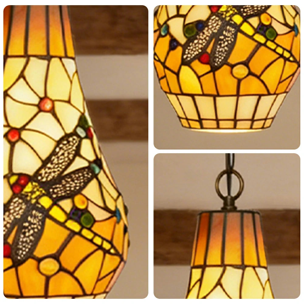 LIVARA Orange Dragonfly Stained Glass Pendant Light Soft Ambient Lighting Adjustable Chain Design Dining Living Room Bedroom Hallway