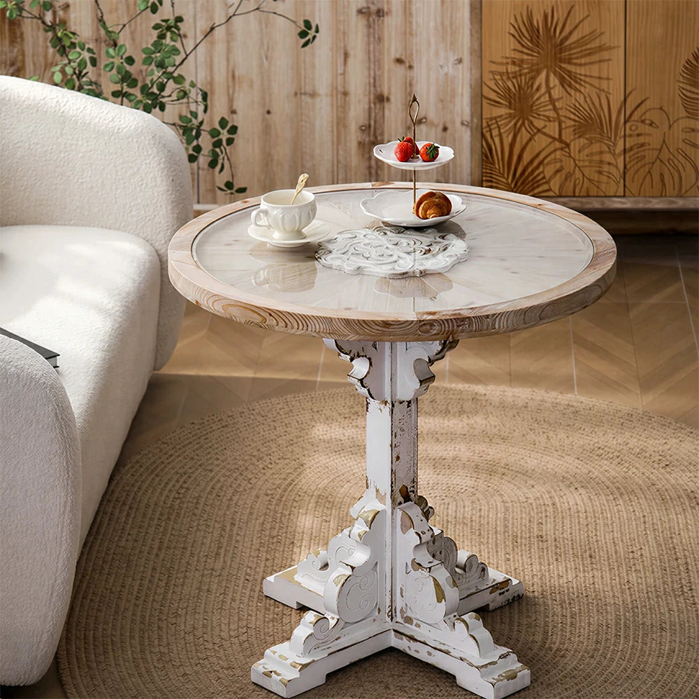 LIVARA Vintage Carved Round Side Table with Tempered Glass Top for Living Room, Balcony and Sofa Side