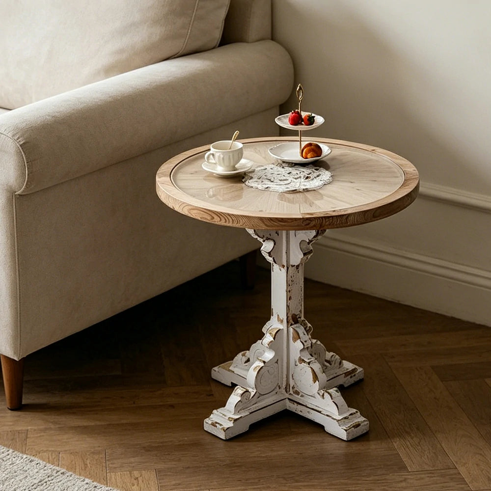 LIVARA Vintage Carved Round Side Table with Tempered Glass Top for Living Room, Balcony and Sofa Side