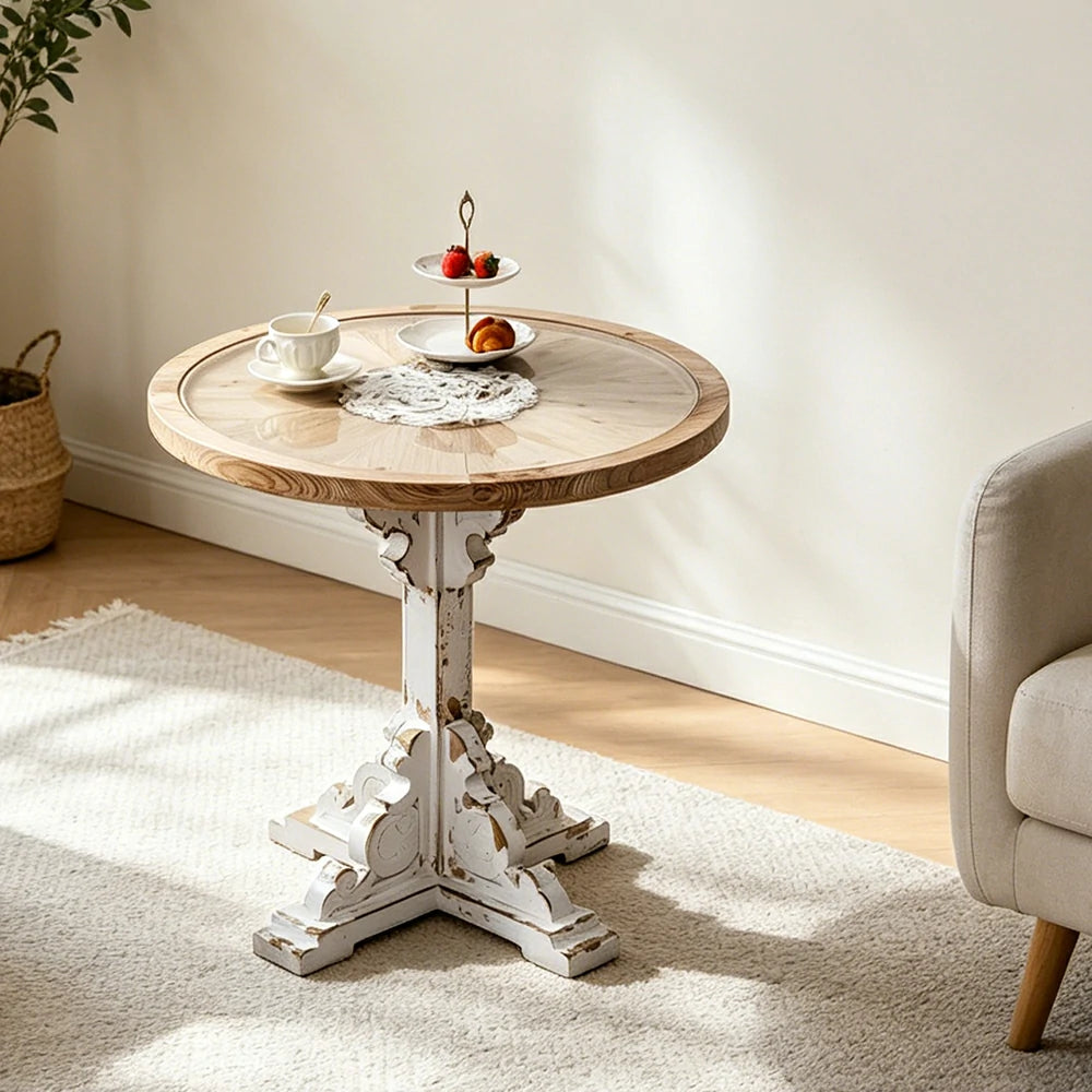 LIVARA Vintage Carved Round Side Table with Tempered Glass Top for Living Room, Balcony and Sofa Side