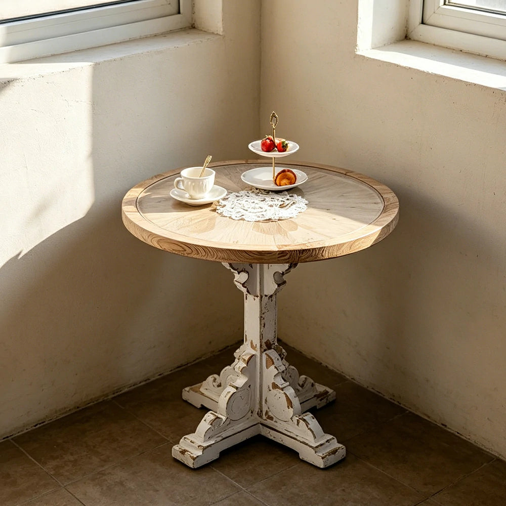LIVARA Vintage Carved Round Side Table with Tempered Glass Top for Living Room, Balcony and Sofa Side