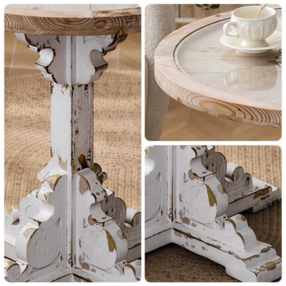 LIVARA Vintage Carved Round Side Table with Tempered Glass Top for Living Room, Balcony and Sofa Side