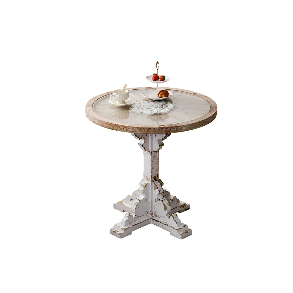 LIVARA Vintage Carved Round Side Table with Tempered Glass Top for Living Room, Balcony and Sofa Side
