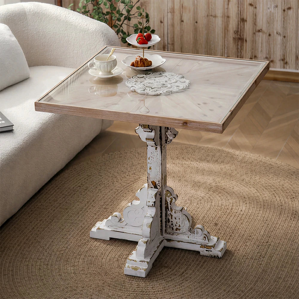 LIVARA American Vintage Square Side Table with Carved Legs and Solid Wood Base for Living Room and Balcony