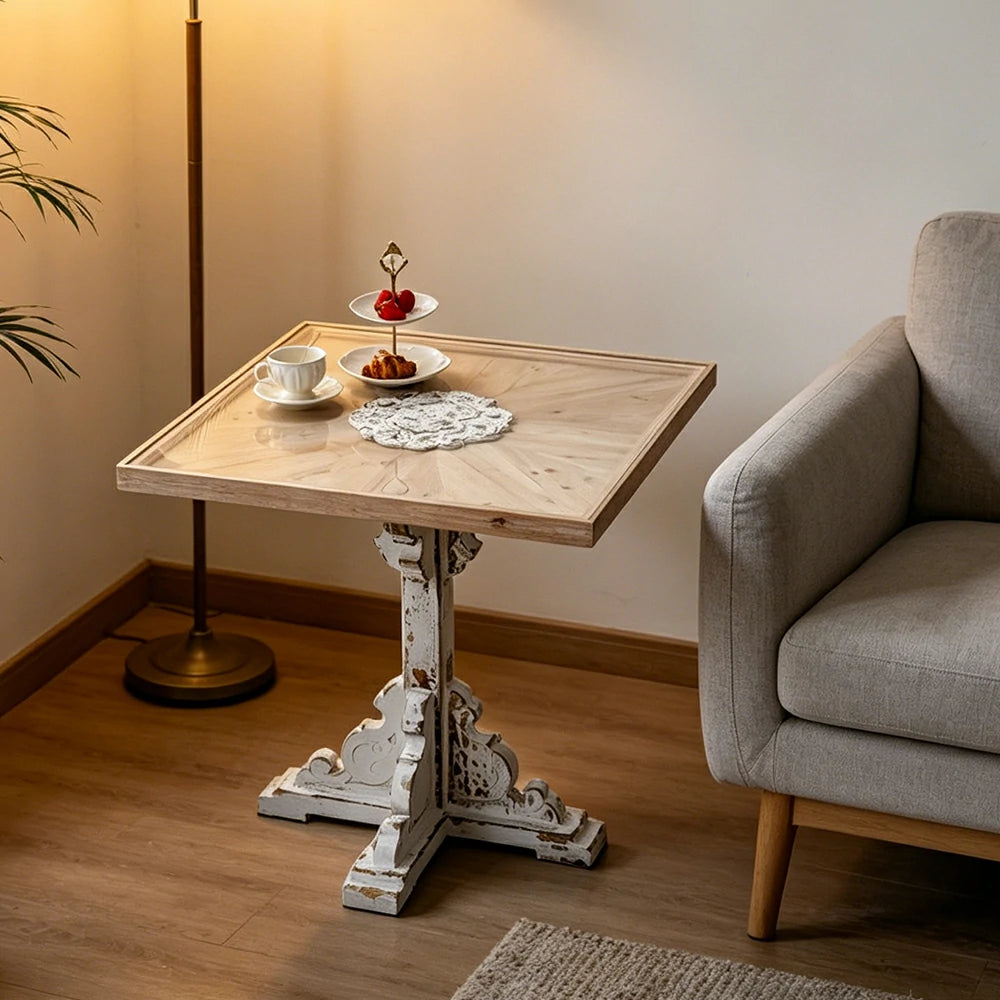 LIVARA American Vintage Square Side Table with Carved Legs and Solid Wood Base for Living Room and Balcony