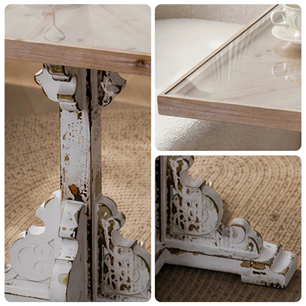 LIVARA American Vintage Square Side Table with Carved Legs and Solid Wood Base for Living Room and Balcony