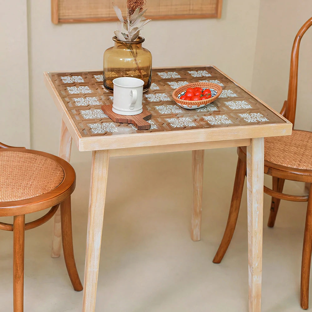 LIVARA Solid Wood Tea Table with Tempered Glass Top and Carved Design for Living Room, Tea Room and Study