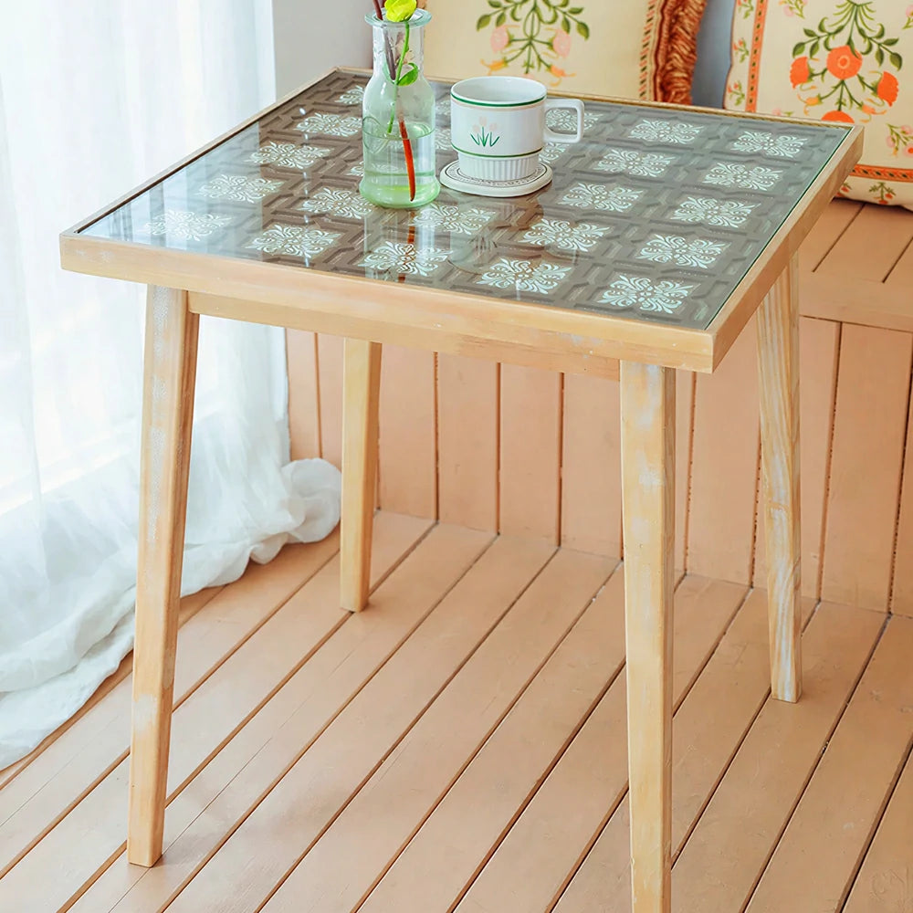 LIVARA Solid Wood Tea Table with Tempered Glass Top and Carved Design for Living Room, Tea Room and Study