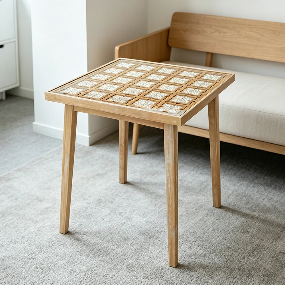 LIVARA Solid Wood Tea Table with Tempered Glass Top and Carved Design for Living Room, Tea Room and Study