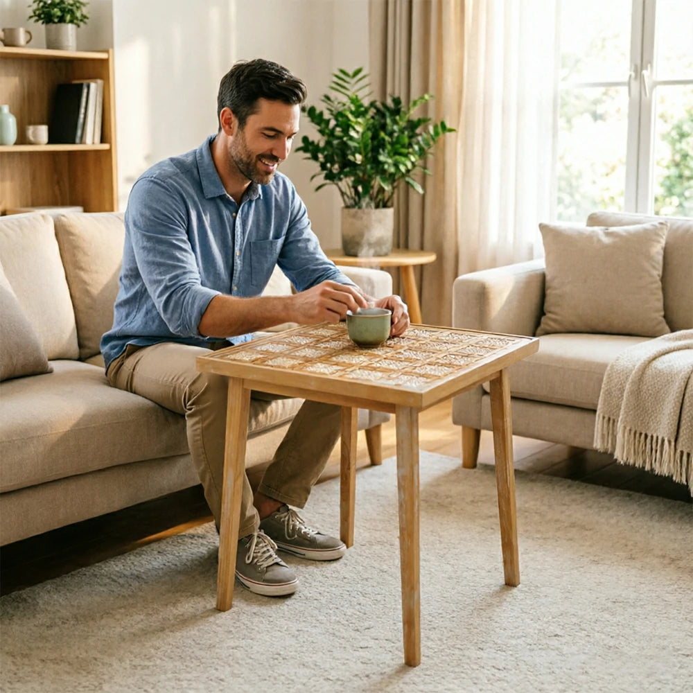 LIVARA Solid Wood Tea Table with Tempered Glass Top and Carved Design for Living Room, Tea Room and Study