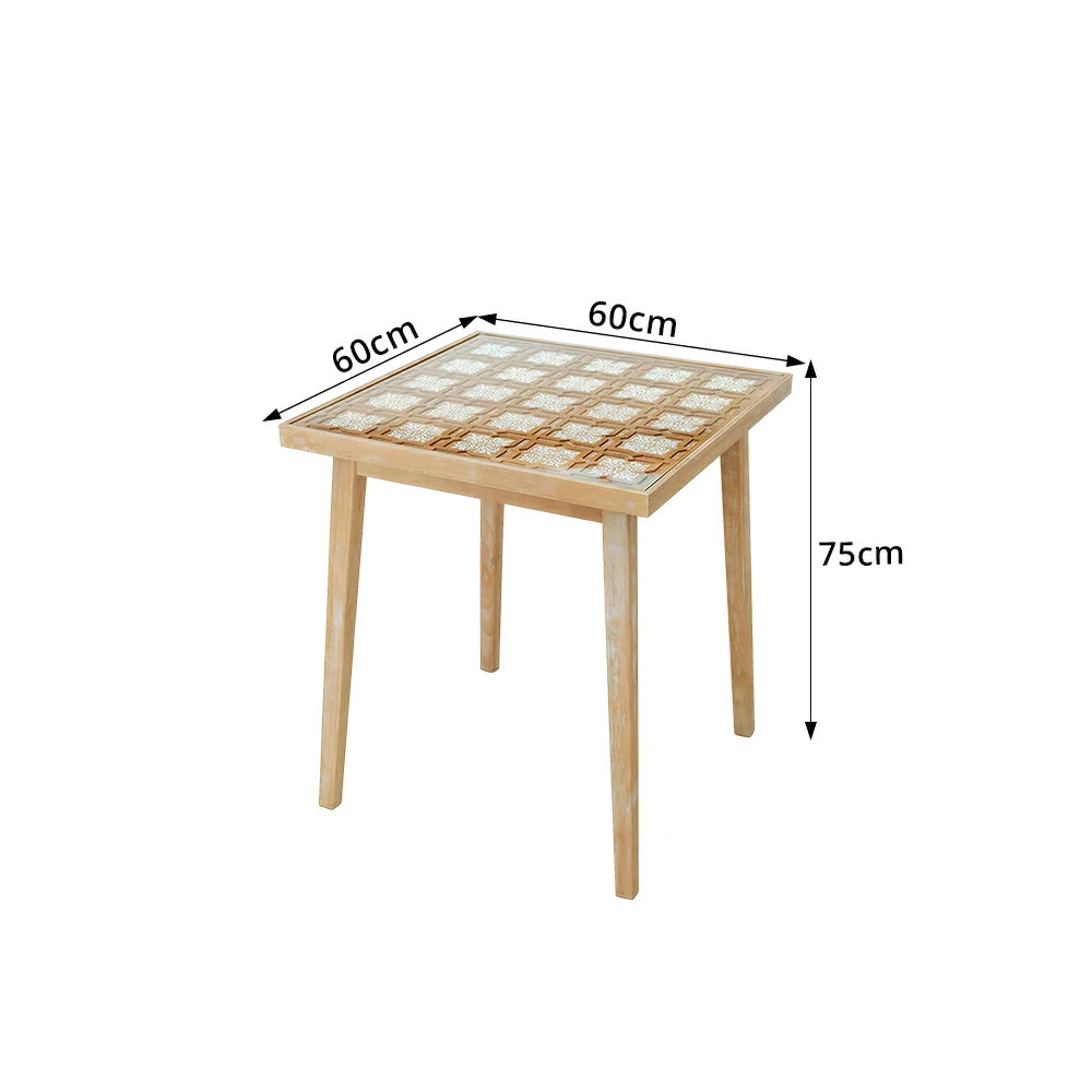 LIVARA Solid Wood Tea Table with Tempered Glass Top and Carved Design for Living Room, Tea Room and Study