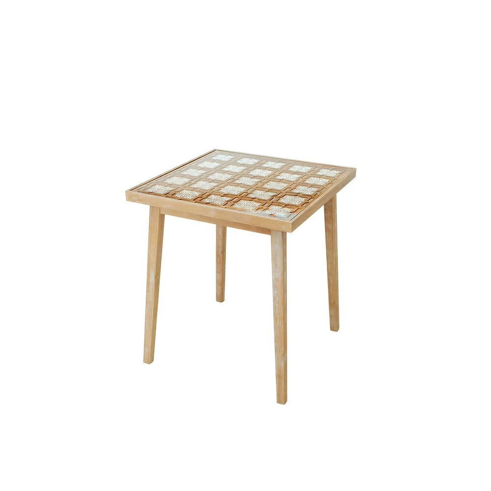 LIVARA Solid Wood Tea Table with Tempered Glass Top and Carved Design for Living Room, Tea Room and Study
