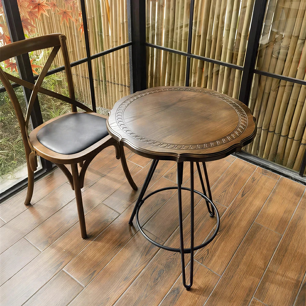 LIVARA Vintage Round Coffee Table with Carved Wood Grain Top and Adjustable Metal Legs for Living Room and Cafe - Walnut