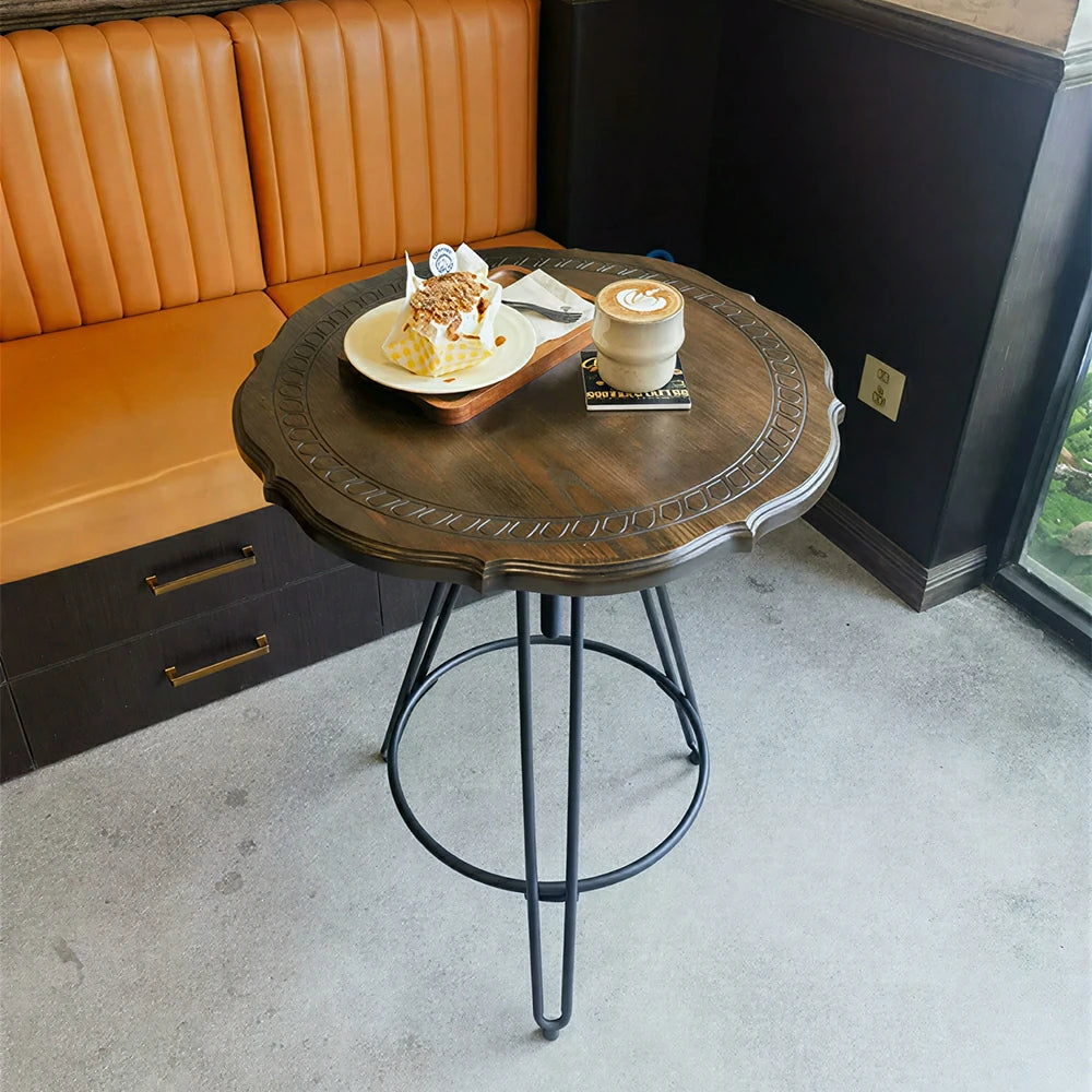 LIVARA Vintage Round Coffee Table with Carved Wood Grain Top and Adjustable Metal Legs for Living Room and Cafe - Walnut
