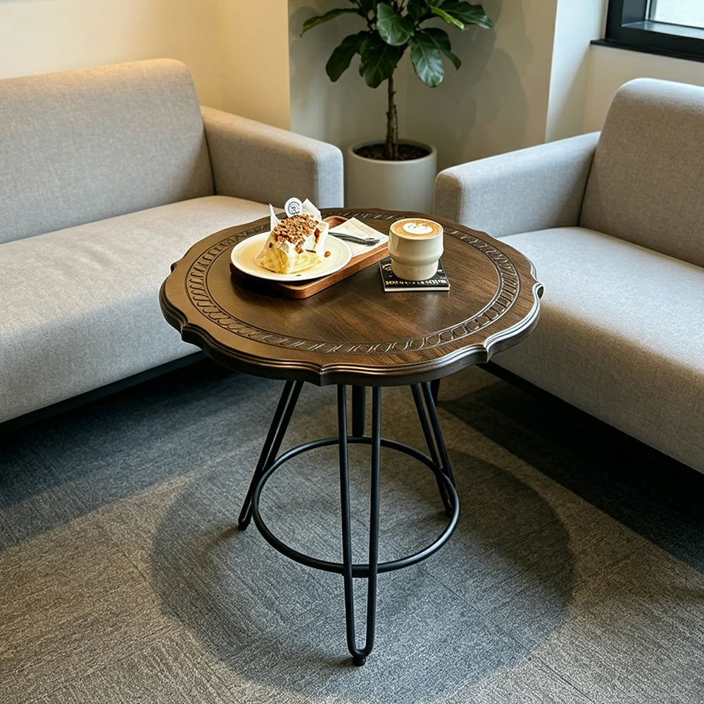 LIVARA Vintage Round Coffee Table with Carved Wood Grain Top and Adjustable Metal Legs for Living Room and Cafe - Walnut