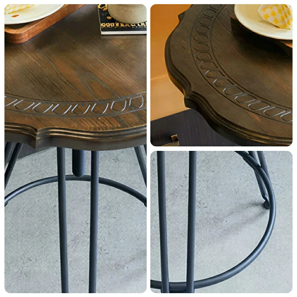 LIVARA Vintage Round Coffee Table with Carved Wood Grain Top and Adjustable Metal Legs for Living Room and Cafe - Walnut