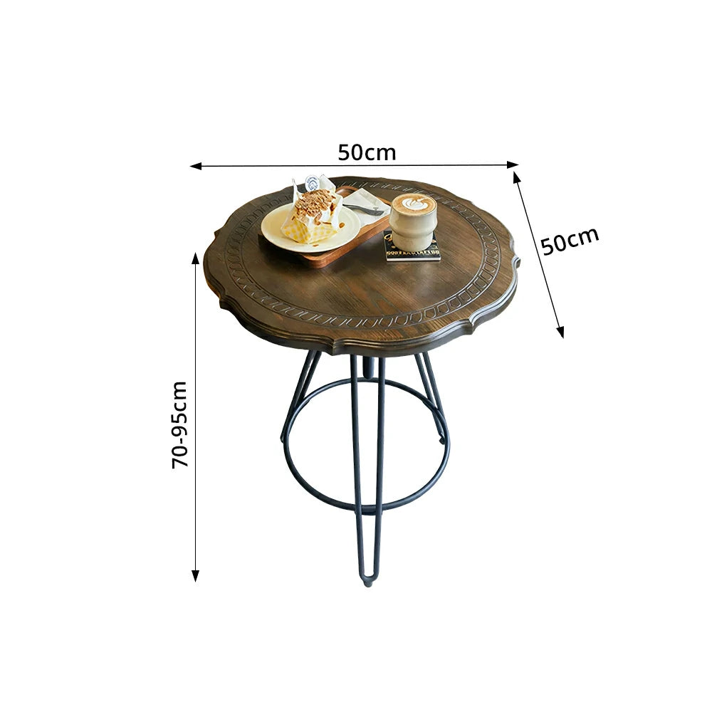 LIVARA Vintage Round Coffee Table with Carved Wood Grain Top and Adjustable Metal Legs for Living Room and Cafe - Walnut